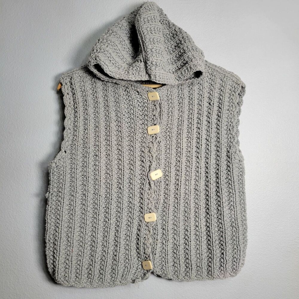 Vtg RICO Chunky Hand Knit Hooded Sweater Vest M Cotton Goblincore Cottage Boho
